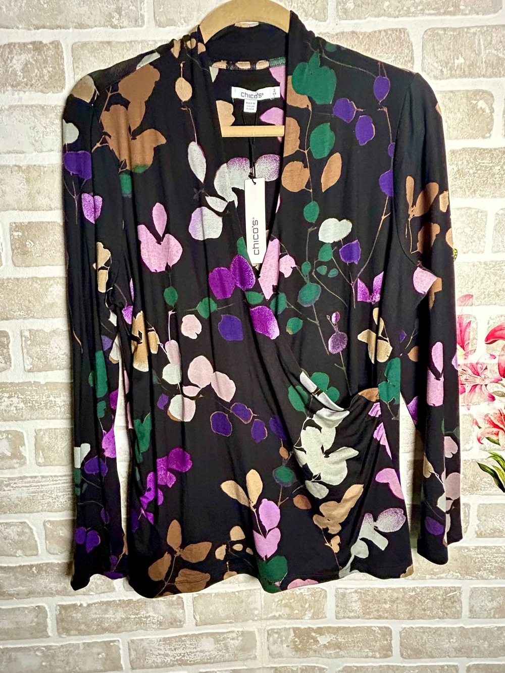 Chico's Black Long-Sleeve Floral Wrap Top with Purple, Green and Tan Accents